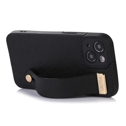 For iPhone 13 Case Kickstand Wrist Strap Textured PU Leather+TPU Phone Cover