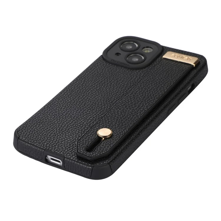 For iPhone 13 Case Kickstand Wrist Strap Textured PU Leather+TPU Phone Cover