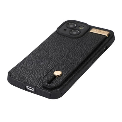 For iPhone 13 Case Kickstand Wrist Strap Textured PU Leather+TPU Phone Cover