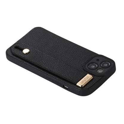 For iPhone 13 Case Kickstand Wrist Strap Textured PU Leather+TPU Phone Cover