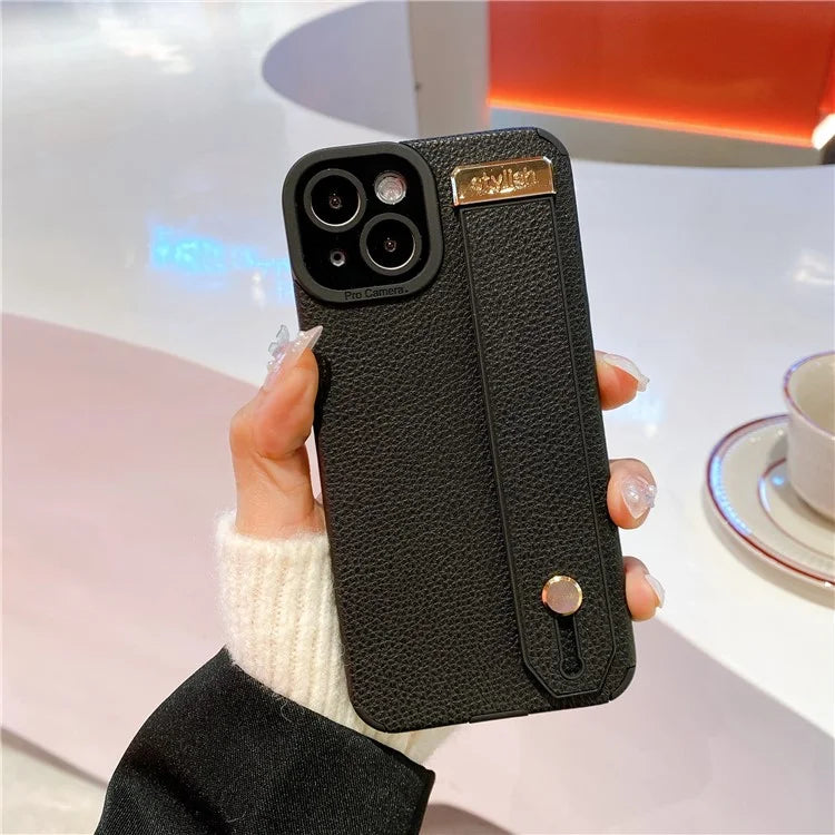 For iPhone 13 Case Kickstand Wrist Strap Textured PU Leather+TPU Phone Cover