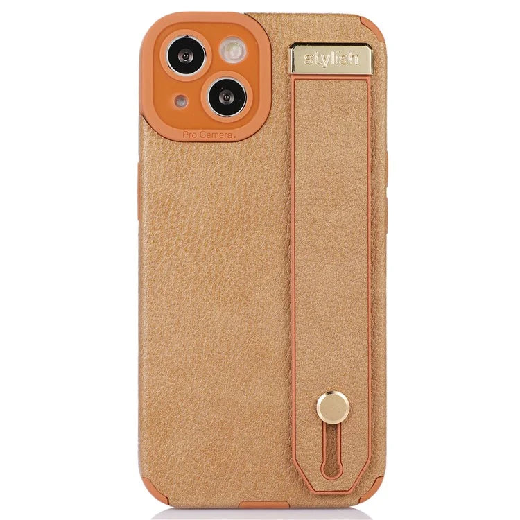 For iPhone 13 Case Kickstand Wrist Strap Textured PU Leather+TPU Phone Cover