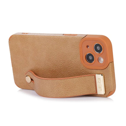 For iPhone 13 Case Kickstand Wrist Strap Textured PU Leather+TPU Phone Cover