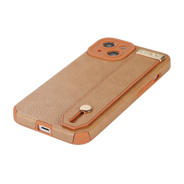 For iPhone 13 Case Kickstand Wrist Strap Textured PU Leather+TPU Phone Cover