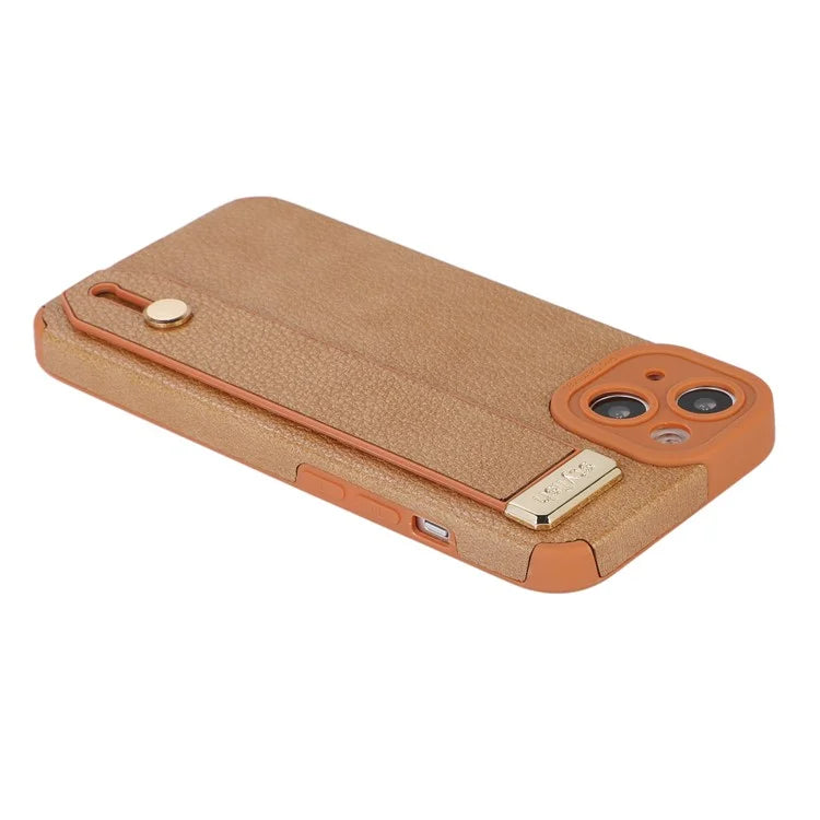 For iPhone 13 Case Kickstand Wrist Strap Textured PU Leather+TPU Phone Cover