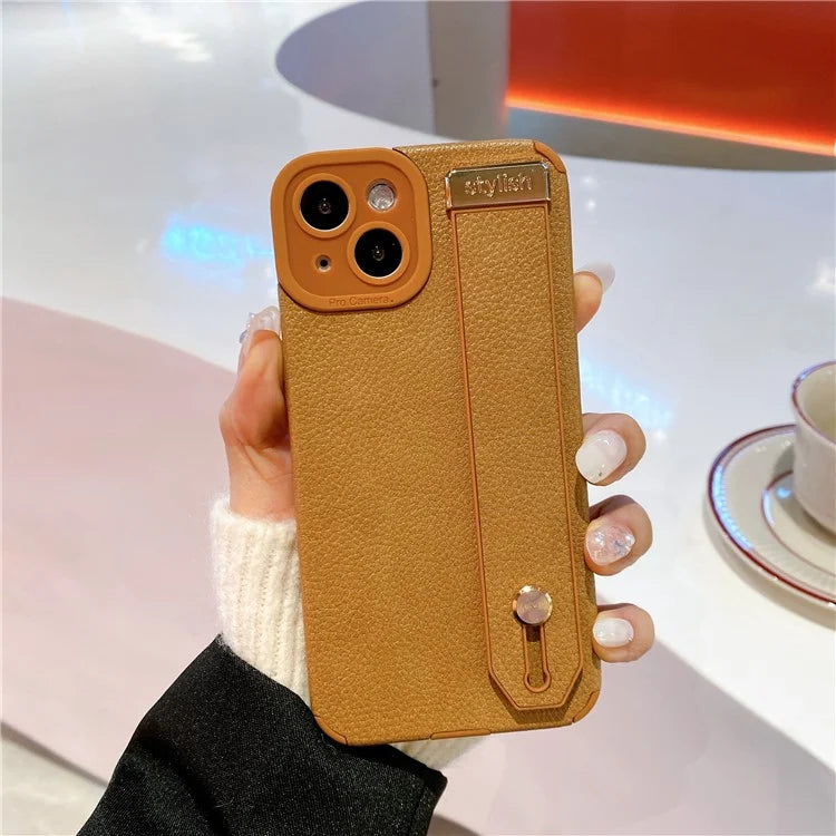 For iPhone 13 Case Kickstand Wrist Strap Textured PU Leather+TPU Phone Cover