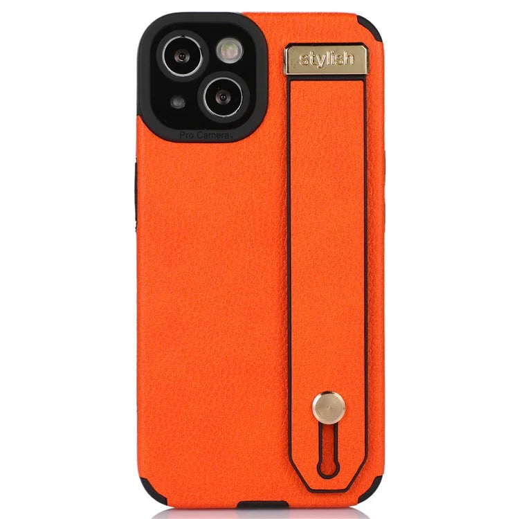 For iPhone 13 Case Kickstand Wrist Strap Textured PU Leather+TPU Phone Cover