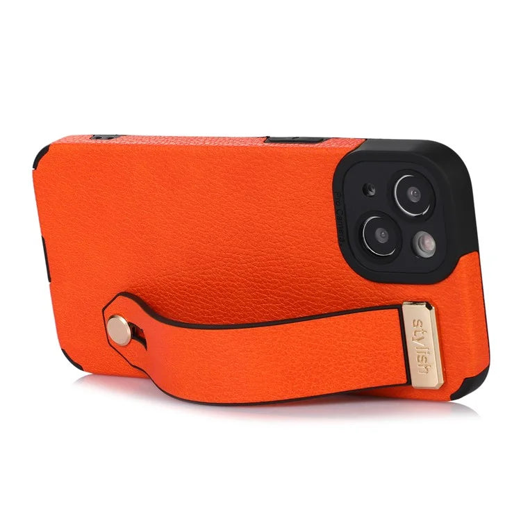 For iPhone 13 Case Kickstand Wrist Strap Textured PU Leather+TPU Phone Cover