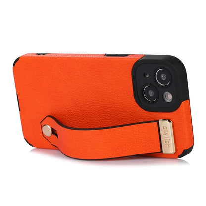 For iPhone 13 Case Kickstand Wrist Strap Textured PU Leather+TPU Phone Cover