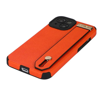 For iPhone 13 Case Kickstand Wrist Strap Textured PU Leather+TPU Phone Cover