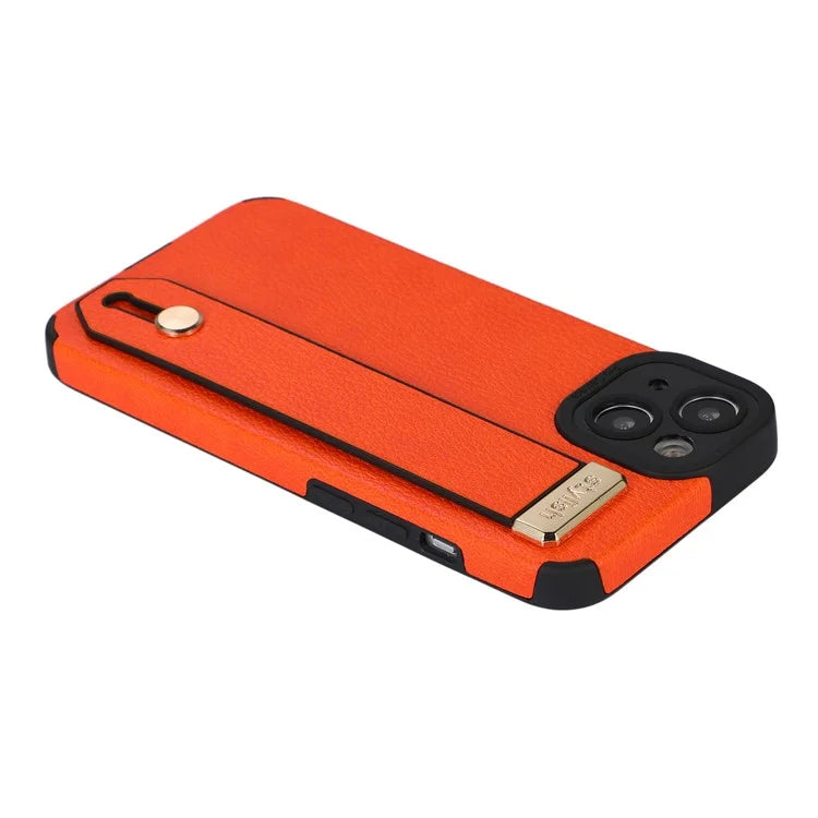 For iPhone 13 Case Kickstand Wrist Strap Textured PU Leather+TPU Phone Cover