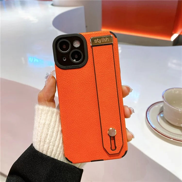 For iPhone 13 Case Kickstand Wrist Strap Textured PU Leather+TPU Phone Cover