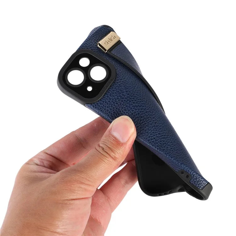 For iPhone 13 Case Kickstand Wrist Strap Textured PU Leather+TPU Phone Cover