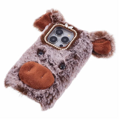 For iPhone 15 Pro Case Cute Pig Plush + TPU Shockproof Phone Cover