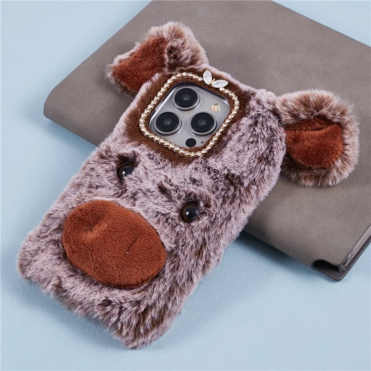 For iPhone 15 Pro Case Cute Pig Plush + TPU Shockproof Phone Cover