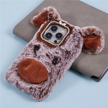 For iPhone 15 Pro Case Cute Pig Plush + TPU Shockproof Phone Cover