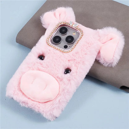For iPhone 15 Pro Case Cute Pig Plush + TPU Shockproof Phone Cover