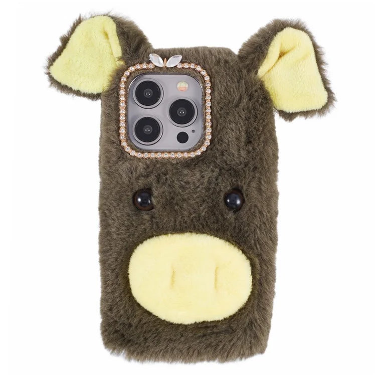 For iPhone 15 Pro Case Cute Pig Plush + TPU Shockproof Phone Cover