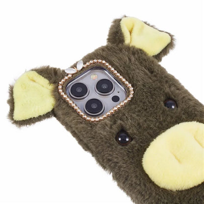 For iPhone 15 Pro Case Cute Pig Plush + TPU Shockproof Phone Cover