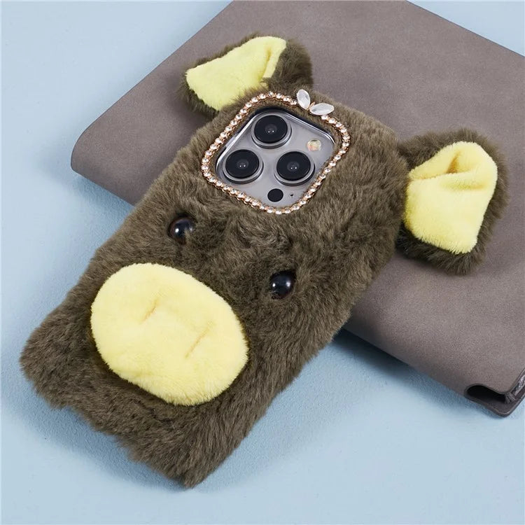 For iPhone 15 Pro Case Cute Pig Plush + TPU Shockproof Phone Cover