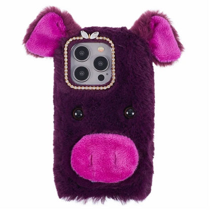 For iPhone 15 Pro Case Cute Pig Plush + TPU Shockproof Phone Cover