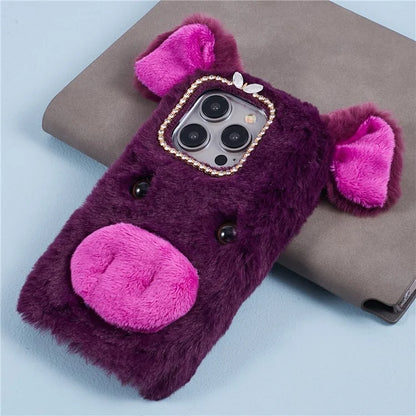 For iPhone 15 Pro Case Cute Pig Plush + TPU Shockproof Phone Cover
