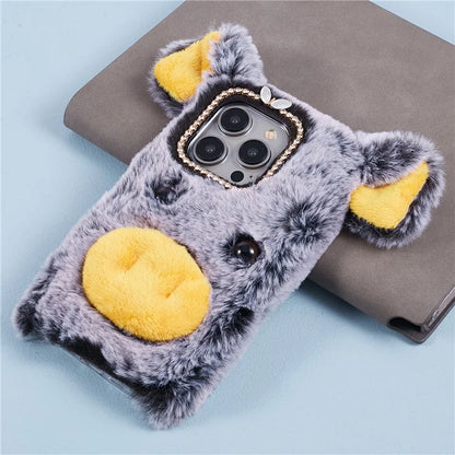 For iPhone 15 Pro Case Cute Pig Plush + TPU Shockproof Phone Cover