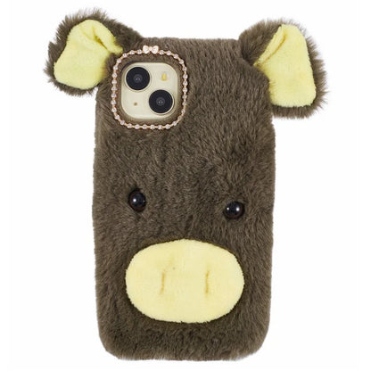For iPhone 15 Case Cute Cartoon Pig Design Soft Plush + TPU Anti-scratch Phone Cover