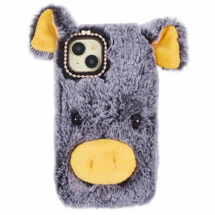 For iPhone 15 Case Cute Cartoon Pig Design Soft Plush + TPU Anti-scratch Phone Cover