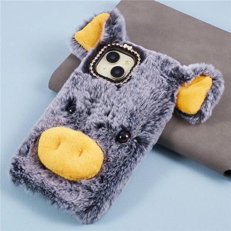 For iPhone 15 Case Cute Cartoon Pig Design Soft Plush + TPU Anti-scratch Phone Cover