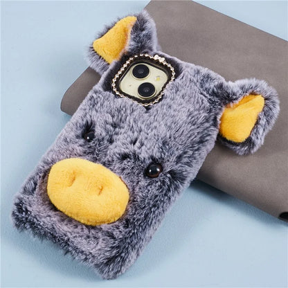 For iPhone 15 Case Cute Cartoon Pig Design Soft Plush + TPU Anti-scratch Phone Cover