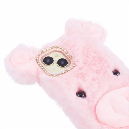 For iPhone 15 Case Cute Cartoon Pig Design Soft Plush + TPU Anti-scratch Phone Cover