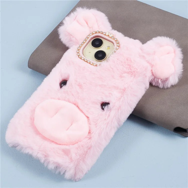 For iPhone 15 Case Cute Cartoon Pig Design Soft Plush + TPU Anti-scratch Phone Cover
