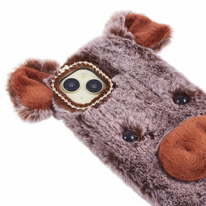For iPhone 15 Case Cute Cartoon Pig Design Soft Plush + TPU Anti-scratch Phone Cover