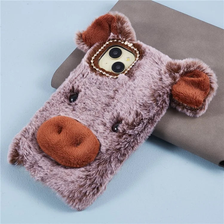 For iPhone 15 Case Cute Cartoon Pig Design Soft Plush + TPU Anti-scratch Phone Cover