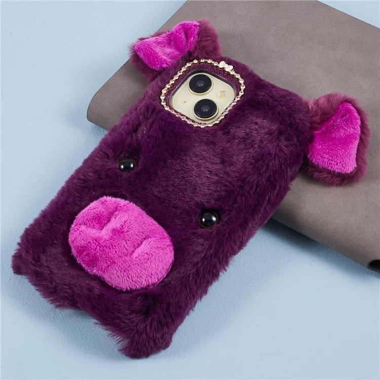 For iPhone 15 Case Cute Cartoon Pig Design Soft Plush + TPU Anti-scratch Phone Cover