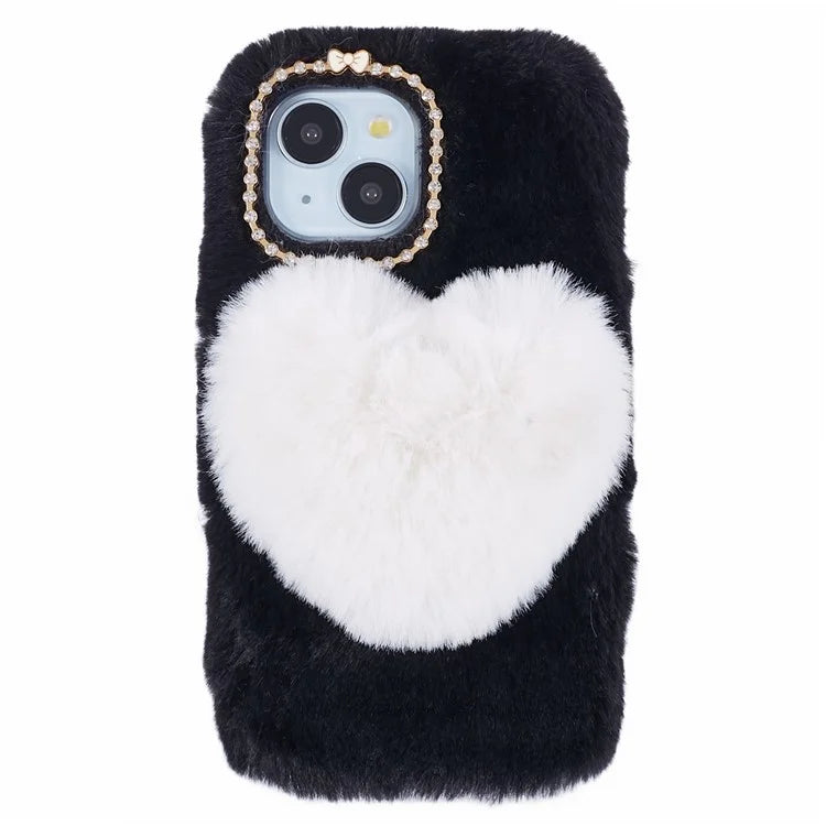 For iPhone 15 Plus Case Fluffy Plush + TPU Love Heart Design Phone Back Cover