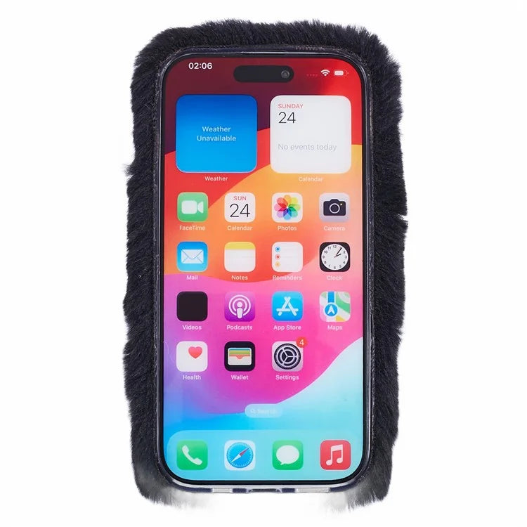For iPhone 15 Plus Case Fluffy Plush + TPU Love Heart Design Phone Back Cover