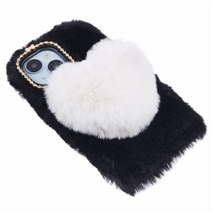 For iPhone 15 Plus Case Fluffy Plush + TPU Love Heart Design Phone Back Cover