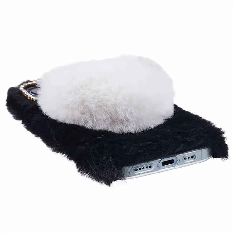 For iPhone 15 Plus Case Fluffy Plush + TPU Love Heart Design Phone Back Cover