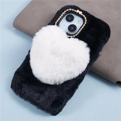 For iPhone 15 Plus Case Fluffy Plush + TPU Love Heart Design Phone Back Cover