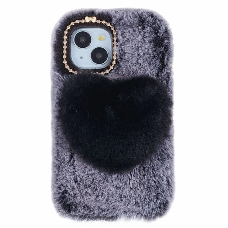 For iPhone 15 Plus Case Fluffy Plush + TPU Love Heart Design Phone Back Cover