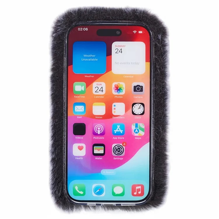 For iPhone 15 Plus Case Fluffy Plush + TPU Love Heart Design Phone Back Cover