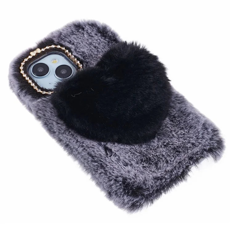 For iPhone 15 Plus Case Fluffy Plush + TPU Love Heart Design Phone Back Cover