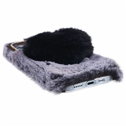 For iPhone 15 Plus Case Fluffy Plush + TPU Love Heart Design Phone Back Cover