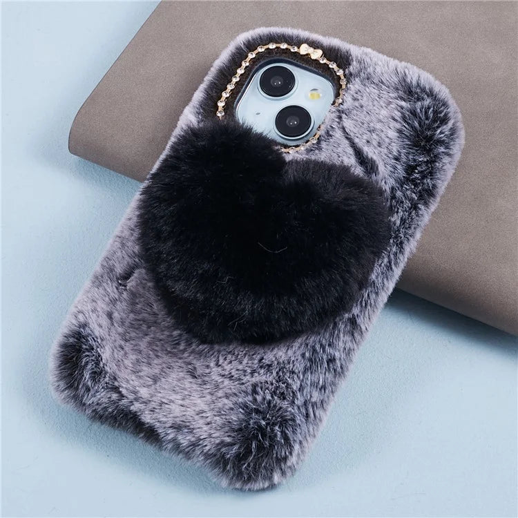 For iPhone 15 Plus Case Fluffy Plush + TPU Love Heart Design Phone Back Cover
