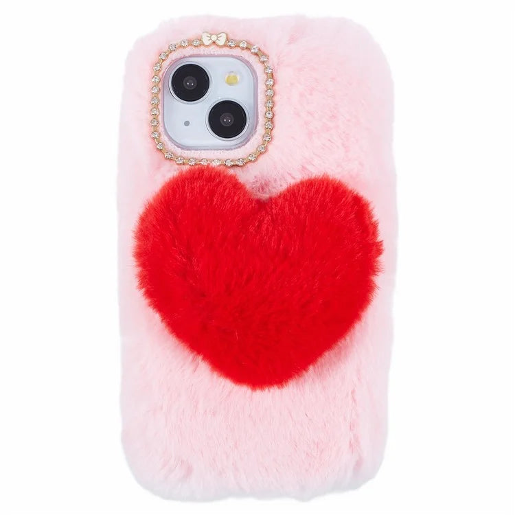 For iPhone 15 Plus Case Fluffy Plush + TPU Love Heart Design Phone Back Cover