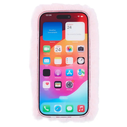 For iPhone 15 Plus Case Fluffy Plush + TPU Love Heart Design Phone Back Cover