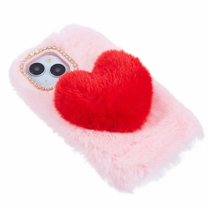For iPhone 15 Plus Case Fluffy Plush + TPU Love Heart Design Phone Back Cover