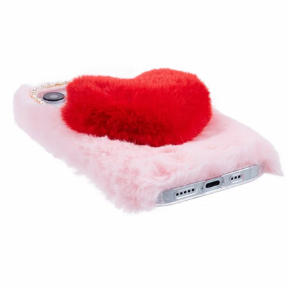 For iPhone 15 Plus Case Fluffy Plush + TPU Love Heart Design Phone Back Cover